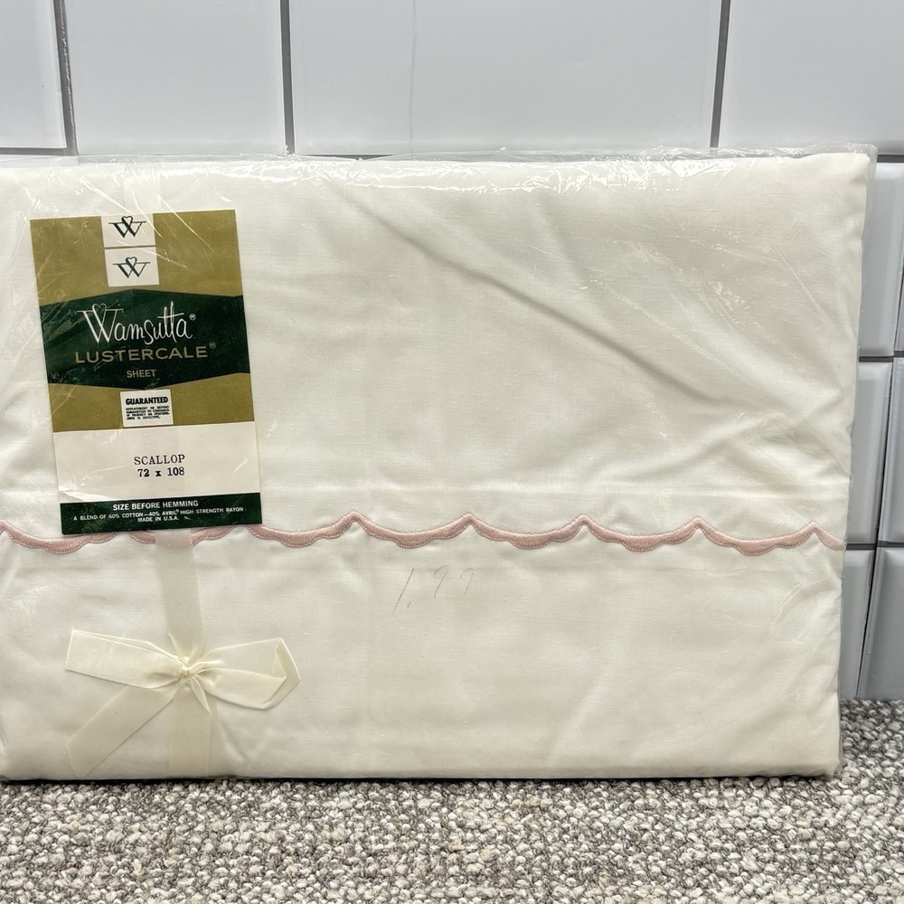 Wamsutta Lustercale Scallop Sheet 72 X 108 NOS White Pink Trim Vintage Twin